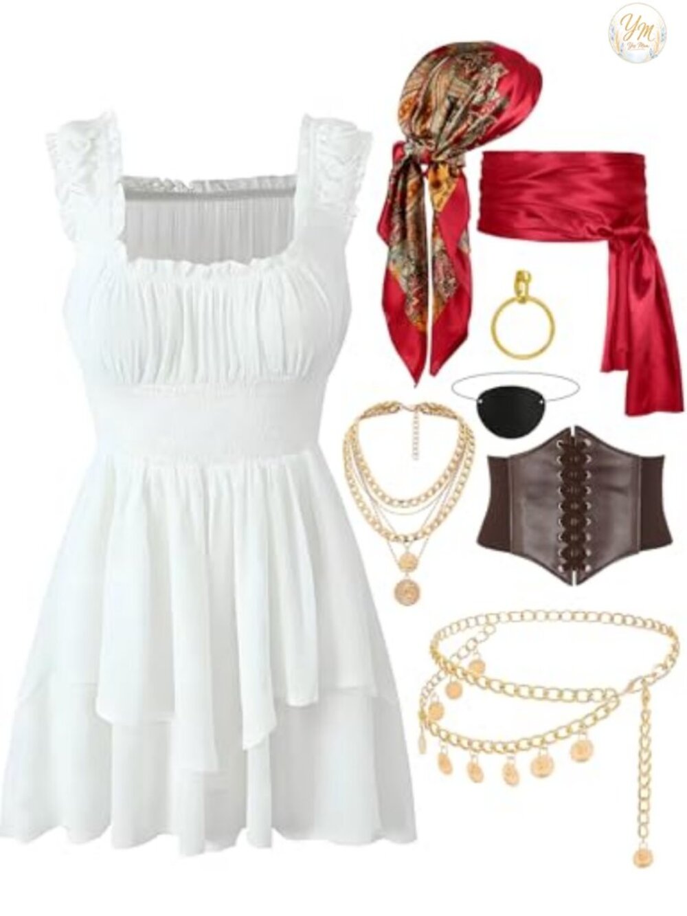 8PCS Pirate Costume Set Peasant Dress Corset Belt Sash Adult Halloween